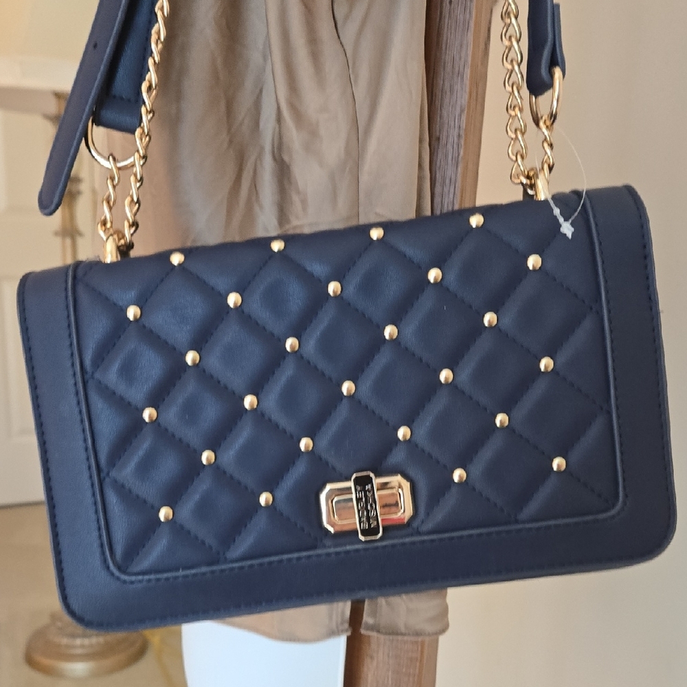Badgley Mischka Navy Quilted Shoulder Crossbody Bag Gold Accents Hardware
